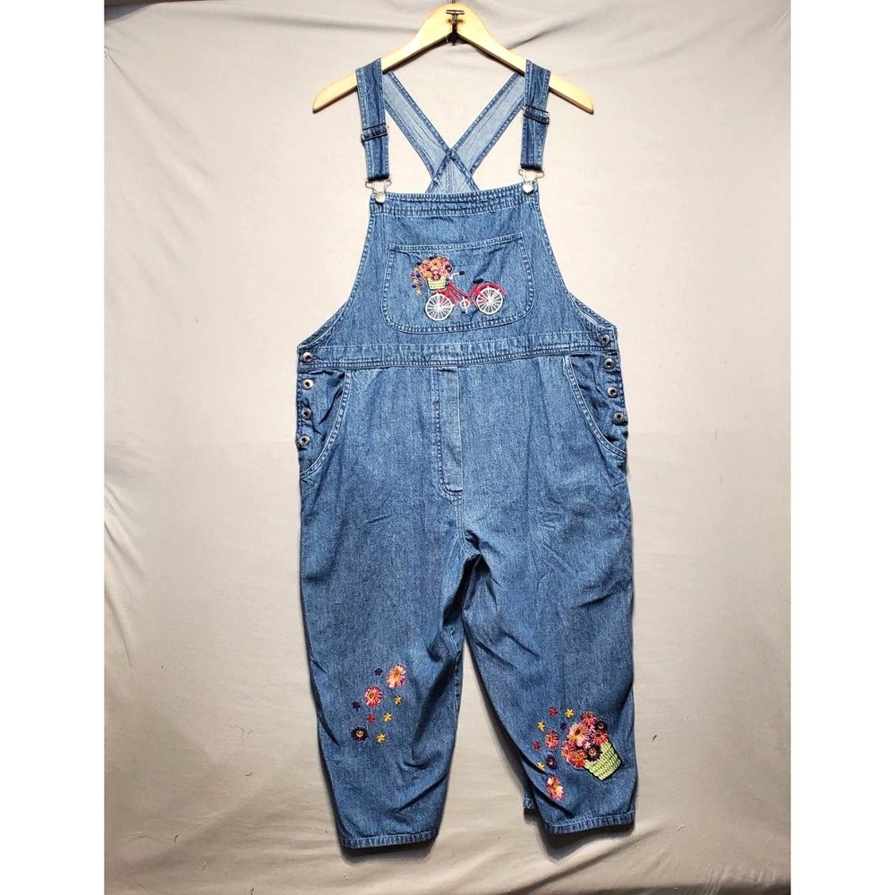 VTG Y2K‎ Agapo Denim Overalls Embroidered Bike Flowers Womens Large Cottagecore